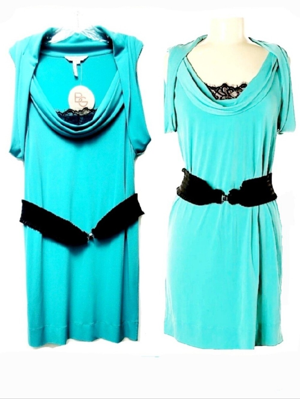 BCBG Generation Turquoise Drape Fold Dress Lace Detail Black Stretch Belt Size L